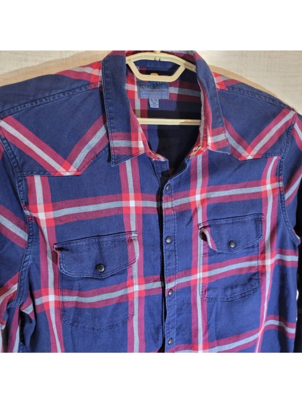 Lucky Brand Button Up Shirt Mens XL Blue Plaid Slim Fit Saturday Stretch - Picture 2 of 9